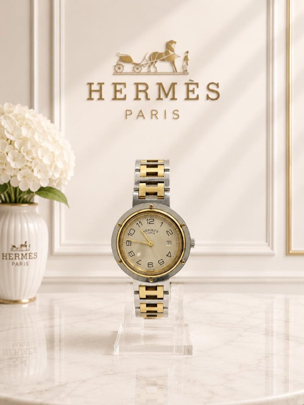 Authentic Vintage Hermes Clipper Two Tone Stainless Steel Quartz Watch